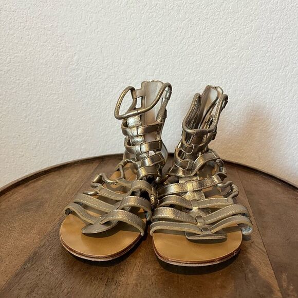 Giuseppe Zanotti Napa Silk Boost Gold Gladiator Flat Sandals Size 37.5 US 7.5 - Picture 2 of 8